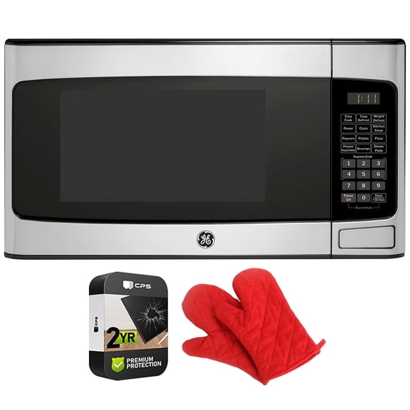 GE GCST11N1WSS 1.1 cu. ft. Countertop Microwave Oven 950 Watts Stainless Steel Bundle with 2 YR CPS Enhanced Protection Pack and Deco Chef Pair of Red Heat Resistant Oven Mitt