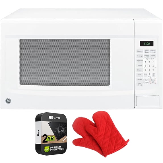 GE GCST14S1WWW 1.4 Cu. Ft. Capacity Countertop Microwave Oven White Bundle with 2 YR CPS Enhanced Protection Pack and Deco Chef Pair of Red Heat Resistant Oven Mitt