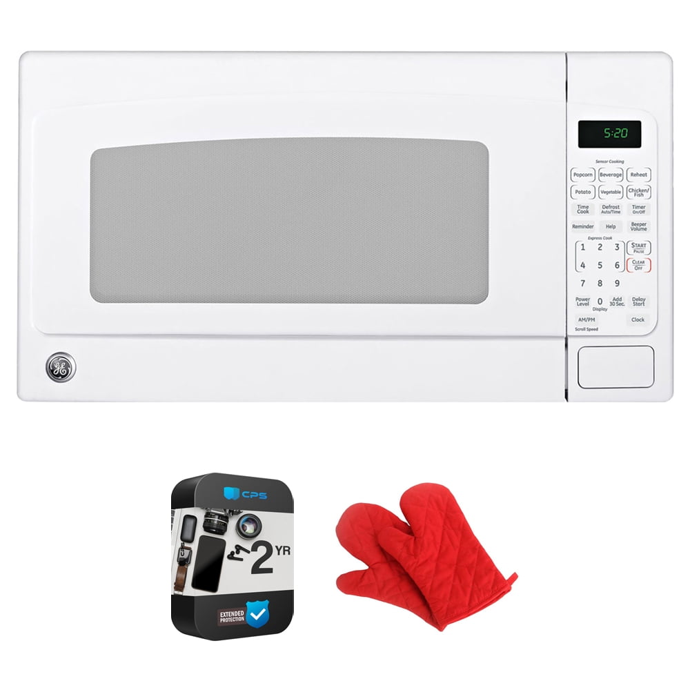 GE GCST20S1WWW 2.0 Cu. Ft. Capacity Countertop Microwave Oven Bundle with 2 YR CPS Enhanced Protection Pack and Deco Chef Pair of Red Heat Resistant Oven Mitt
