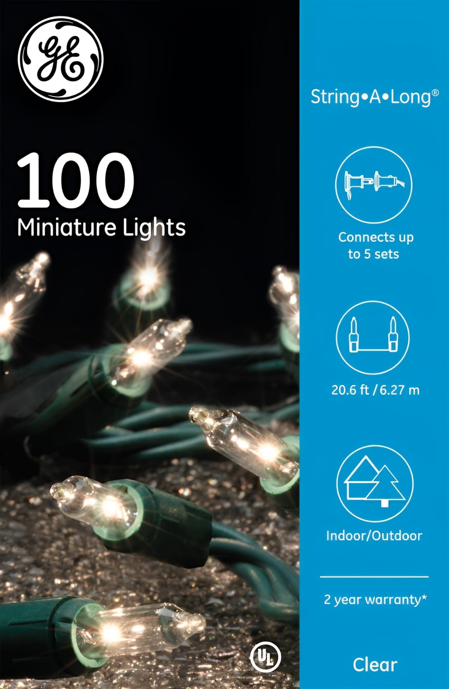 GE 100CT Clear Mini Christmas Lights - Indoor/Outdoor, Connect 5