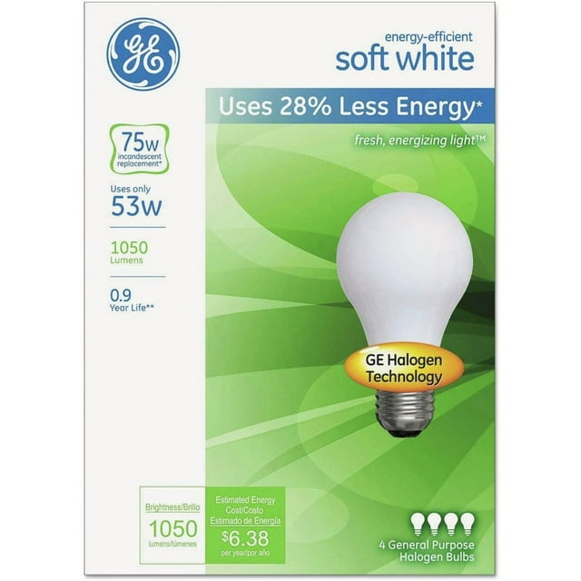 GE GEL66248 EnergyEfficient 53 Watt Soft White Halogen Lightbulbs (4