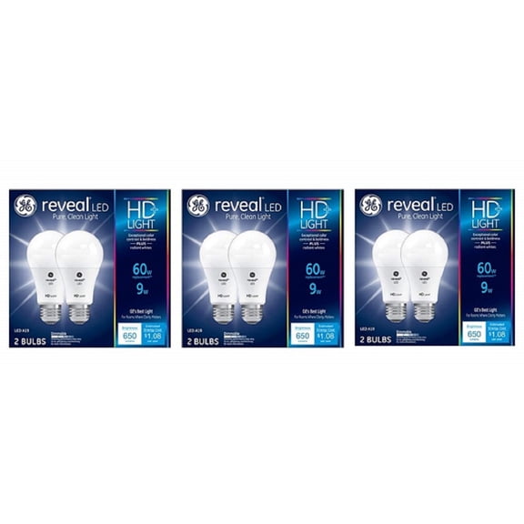 GE HD+ Reveal 60 Watt Replacement LED Dimmable A19 Light Bulbs (6-Pack)