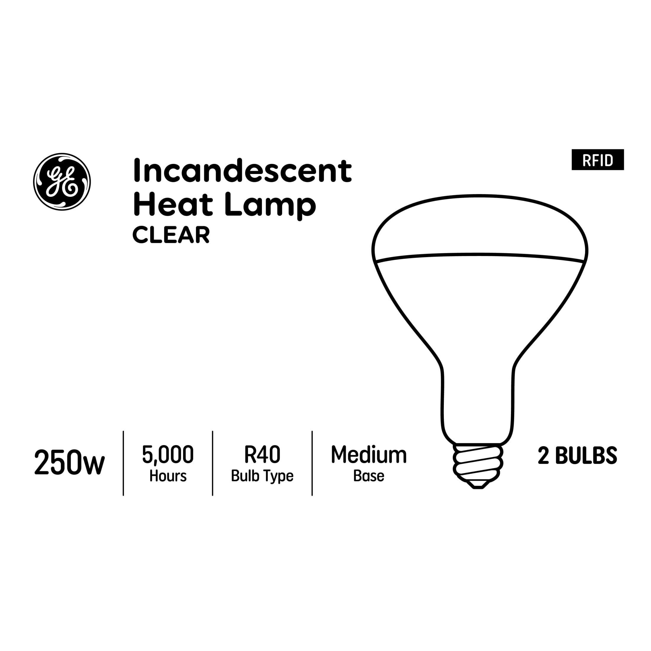 GE Incandescent Heat Lamp, 250 Watt Replacement, Soft White, BR40 Clear Floodlight Bulb (2 Pack)
