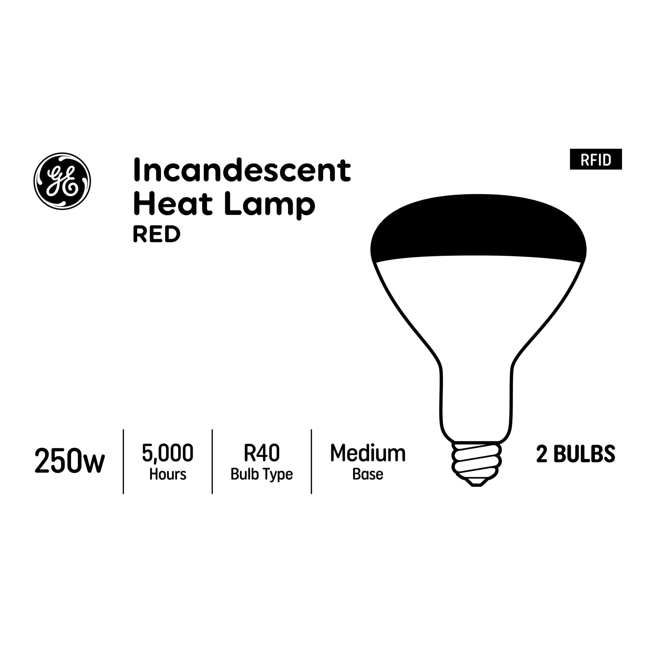 GE Incandescent Heat Lamp, 250 Watt Replacement, Red, BR40 Clear Floodlight Bulb (2 Pack)
