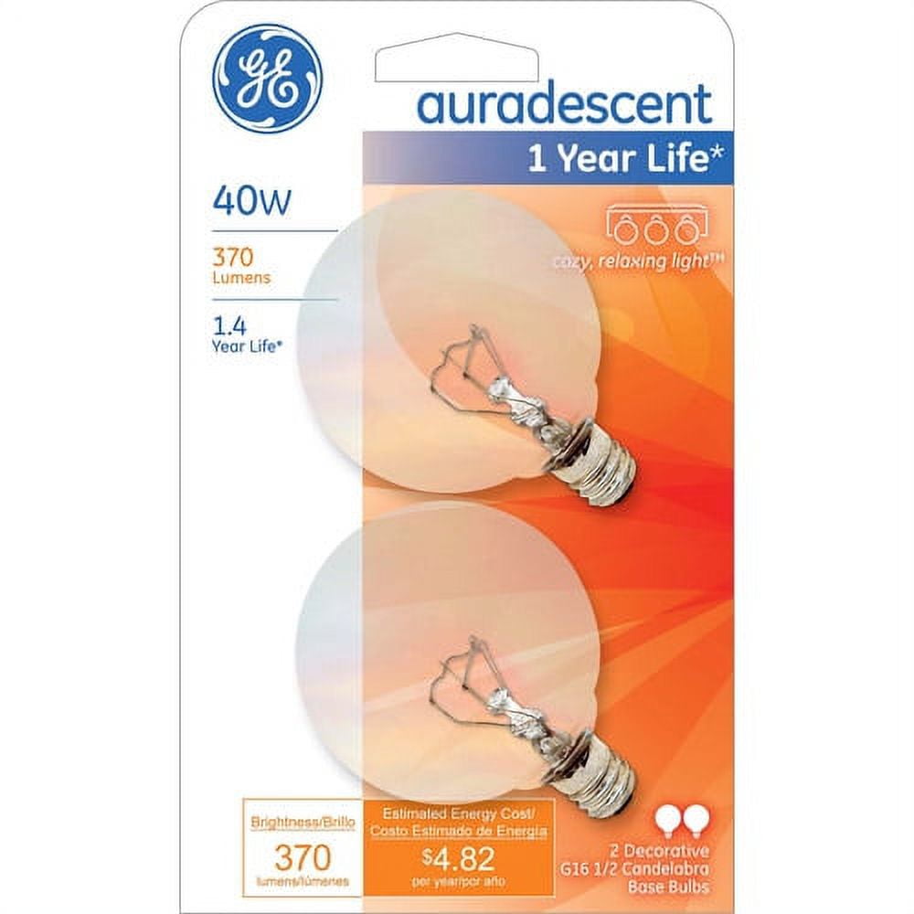GE INCANDESCENT 40W AURADESCENT SMALL BASE G16.5 GLOBE 2COUNT