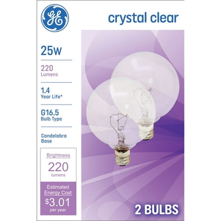 GE Incandescent Light Bulbs, 25 Watt, G16.5 Globe Bulbs, Small Base, 2pk