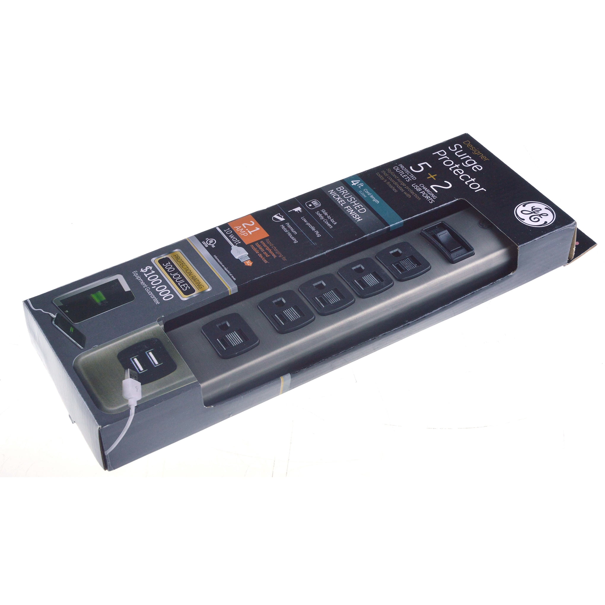 GE Jasco 25428 4' Brushed Nickel 5-Outlet 300 Joules Surge Protector