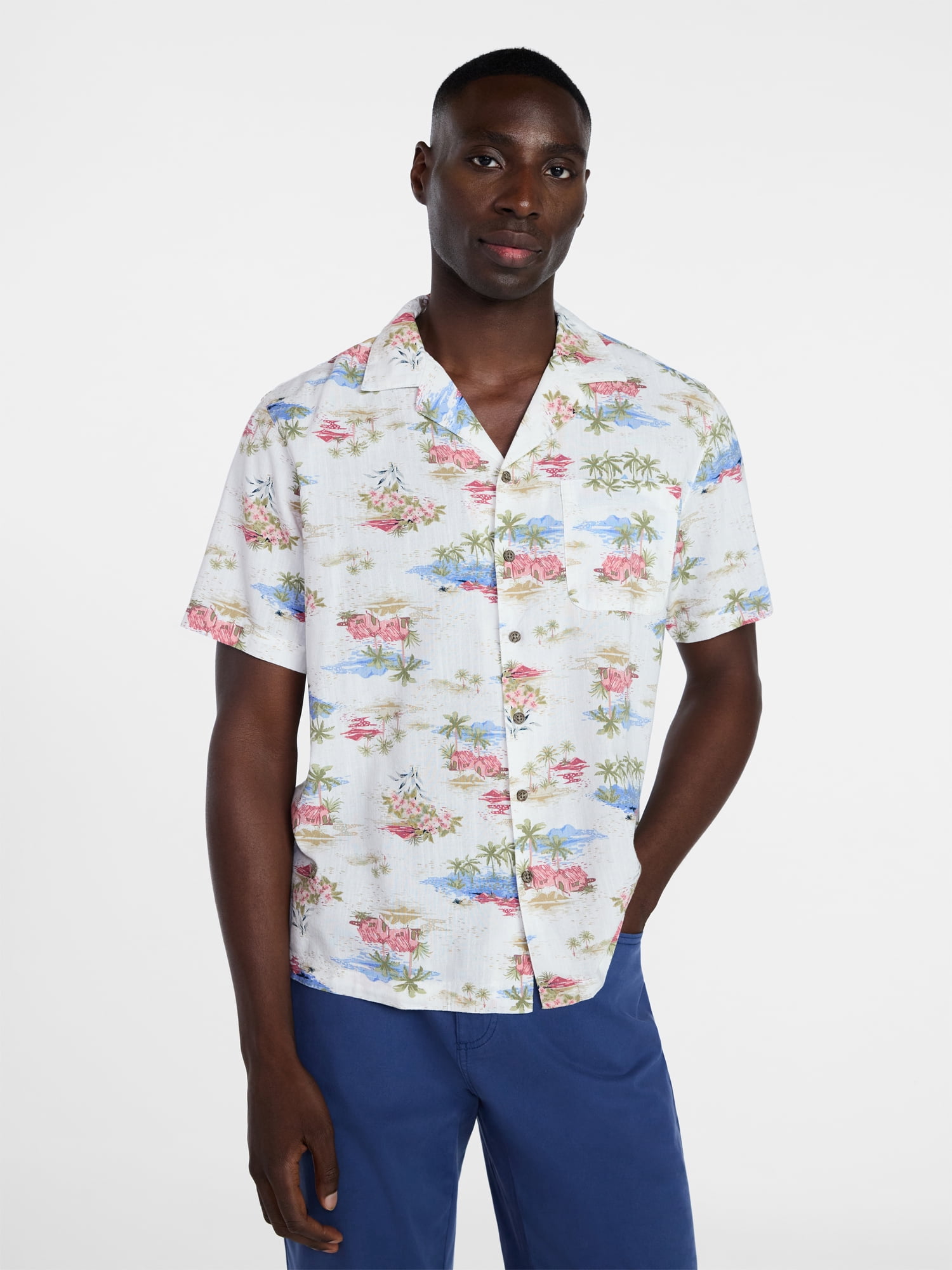 George Men's Relaxed Fit Linen Blend Camp Shirt with Short Sleeves