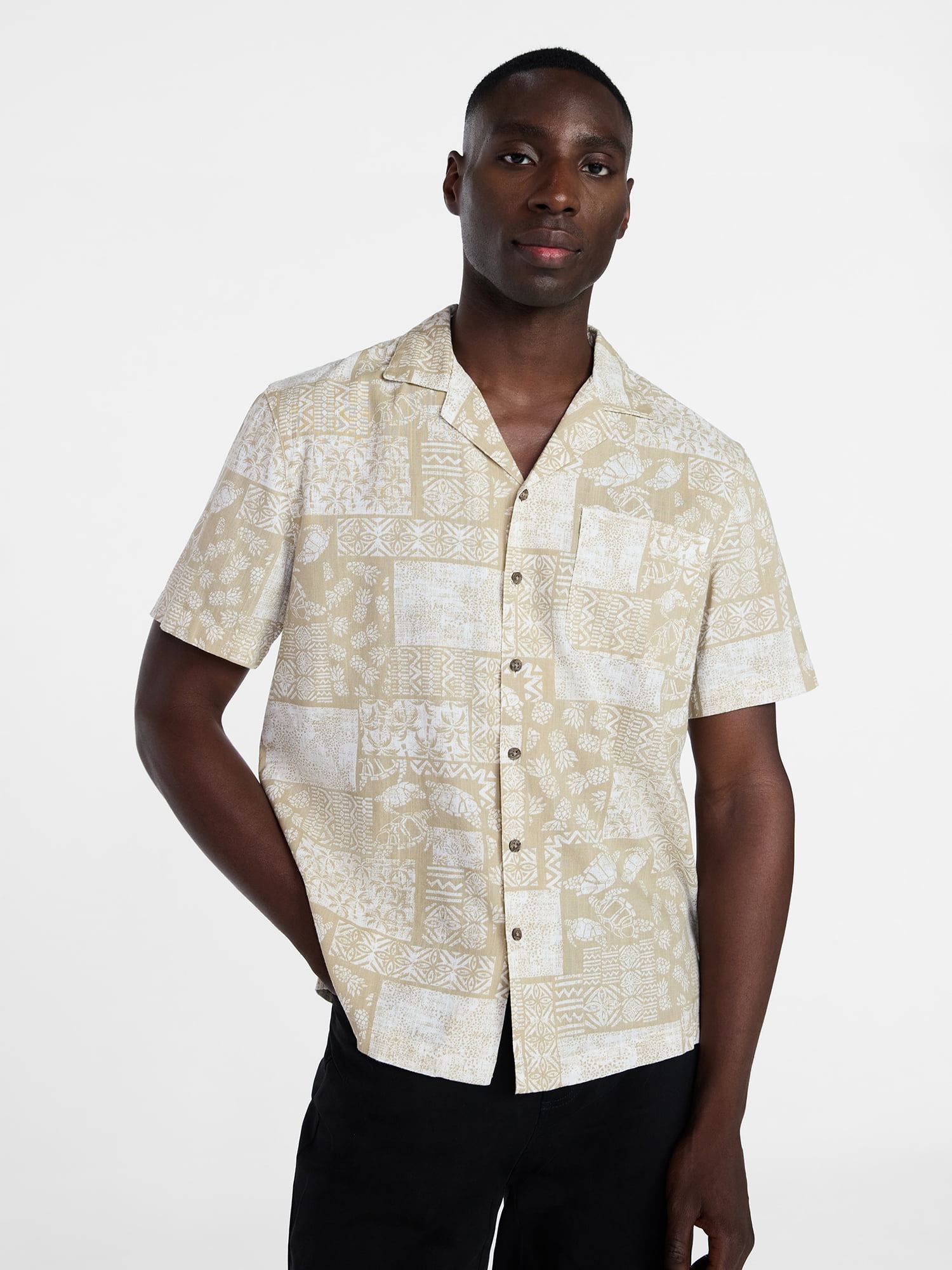 George Men's Relaxed Fit Linen Blend Camp Shirt with Short Sleeves