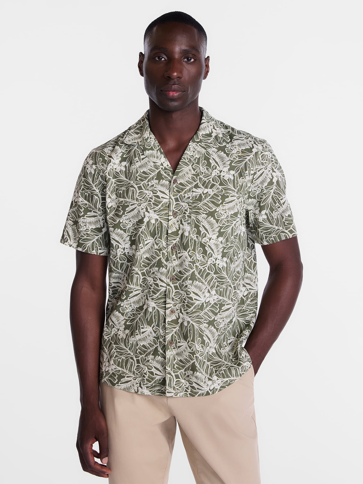 George Men's Linen Blend Camp Shirt with Short Sleeves, Sizes S-3XL