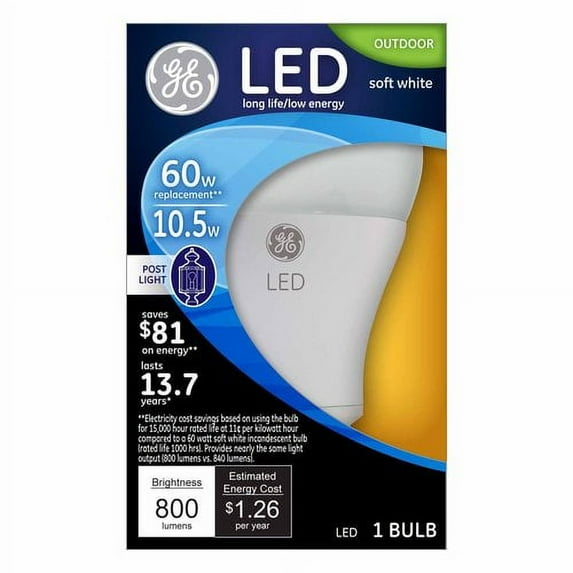 GE LED 10.5-Watt (60W Equivalent) Soft White Color, Outdoor Post Light Bulb, Dimmable, E26 Medium Base, 13-Year Life, 1pk
