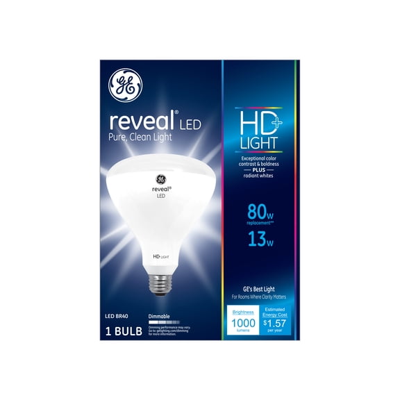 GE LED 13W (65W Equivalent) HD Reveal Color, Large BR40 Flood Light Bulb, Dimmable, Medium Base, 1pk