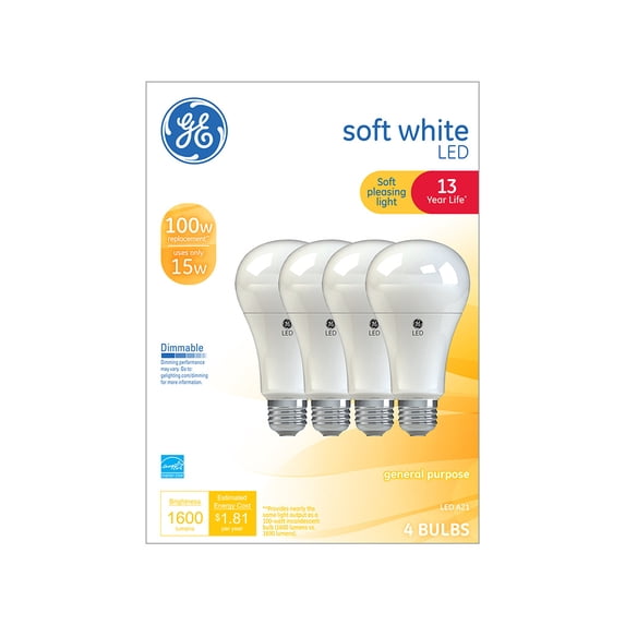 Open Box GE LED 15-Watt (100W Equivalent) Soft White General Purpose A21 Light Bulbs, Dimmable, 4pk