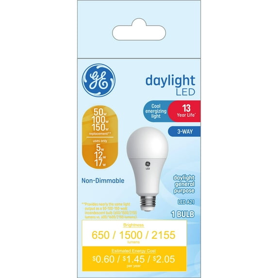 GE LED 3-Way Light Bulb, 150/100/50 Watts, Daylight, A21 Bulb, Medium Base, 13yr, 1pk