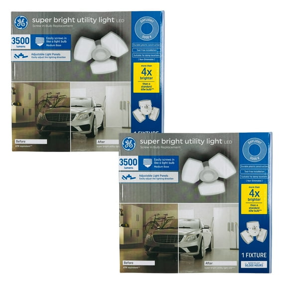 GE LED 30W Daylight Super Bright Adjustable Utility Light for Garages, Basements, Attics, Workshops and Utility Rooms, Medium Base (2 Pack)