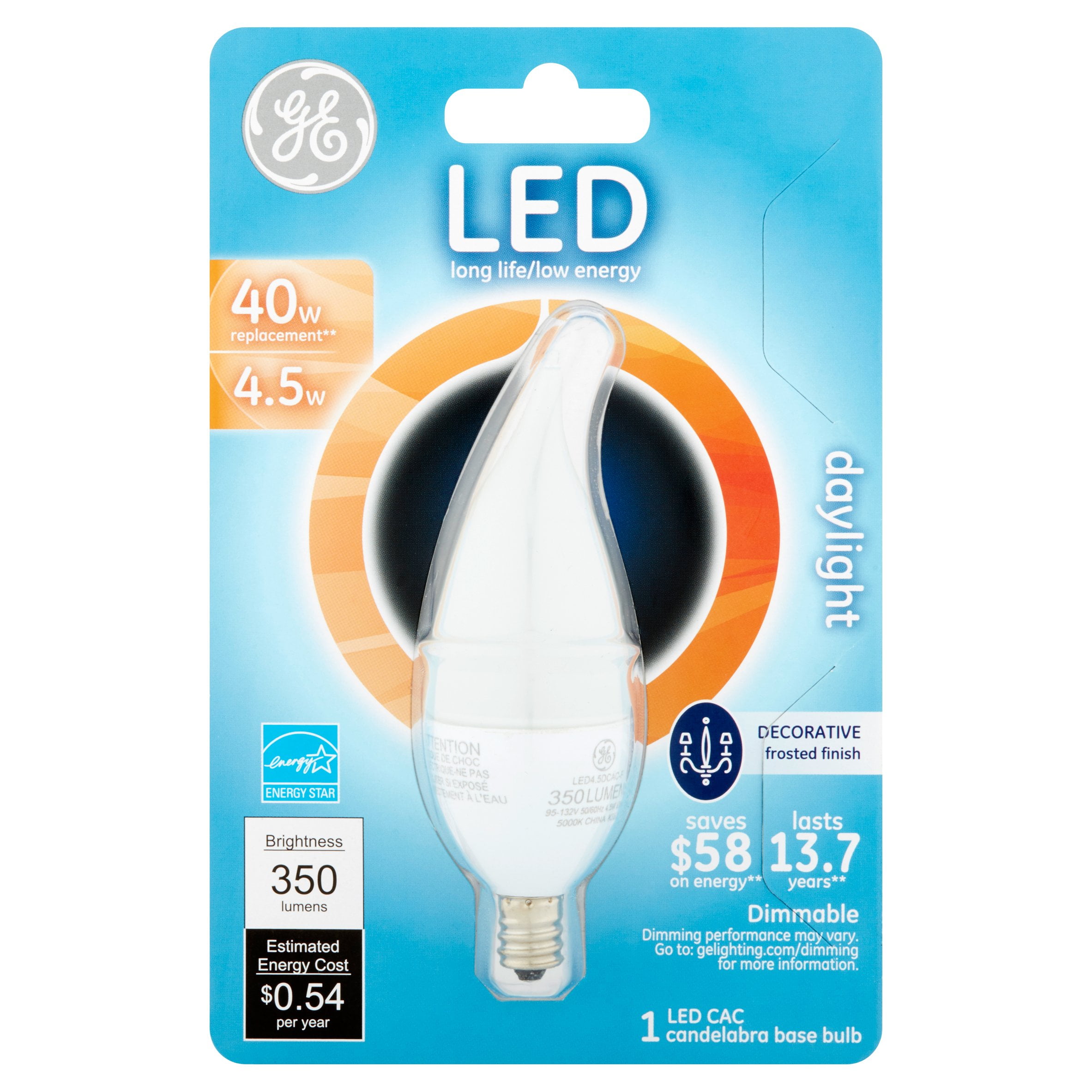 GE LED 4.5W 350 Lumens Daylight CAC Candelabra Base Bulb