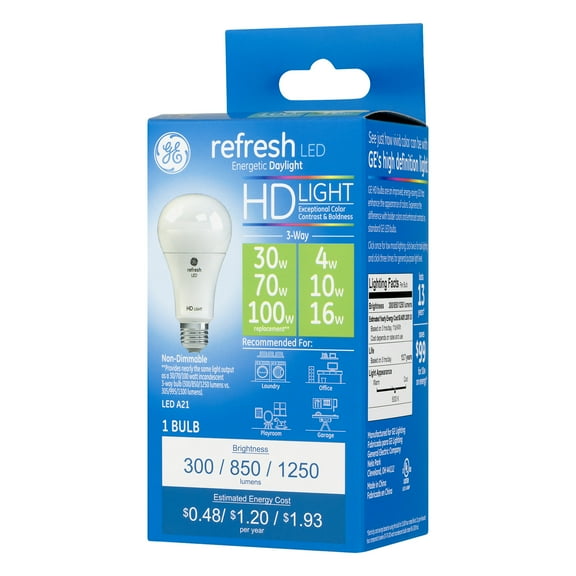 GE LED 4W/7W/13W HD Refresh 3-Way Daylight General Purpose, A21 Medium Base, Dimmable, 1pk Light Bulb