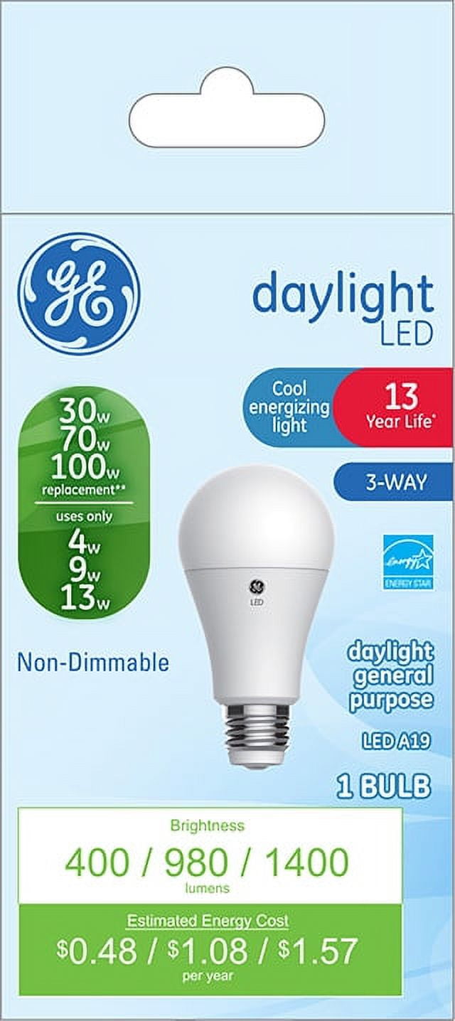 GE LED 4W/9W/13W (30W-70W-100W Equivalent) Daylight Color, 3-Way Light Bulb, Non-Dimmable, E26 Medium Base, 13 Year Life, 1pk