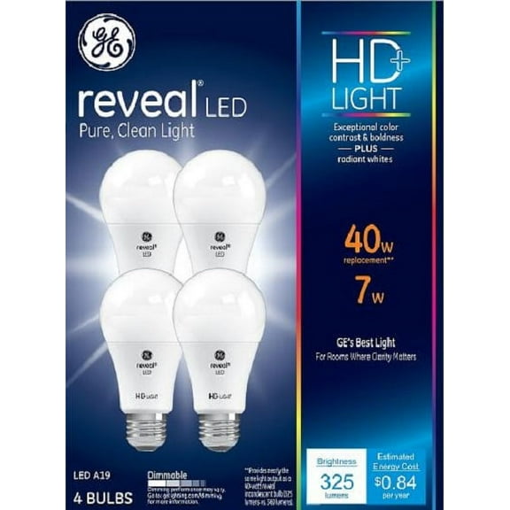 GE LED 7W (40W Equivalent) Reveal General Purpose, A19 Medium Base, Dimmable, 4pk Light Bulbs