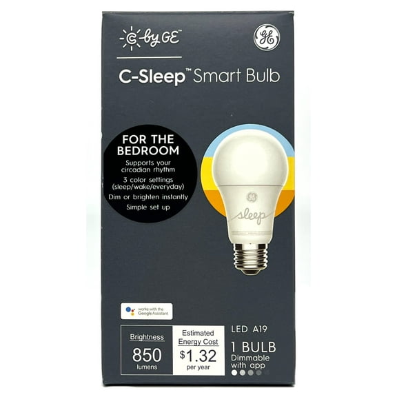 GE LED A19 Smart Bulb, C by GE, Sleep Smart Bulb, 3 color settings, 11 watts, 850 lumens, works with google assistant