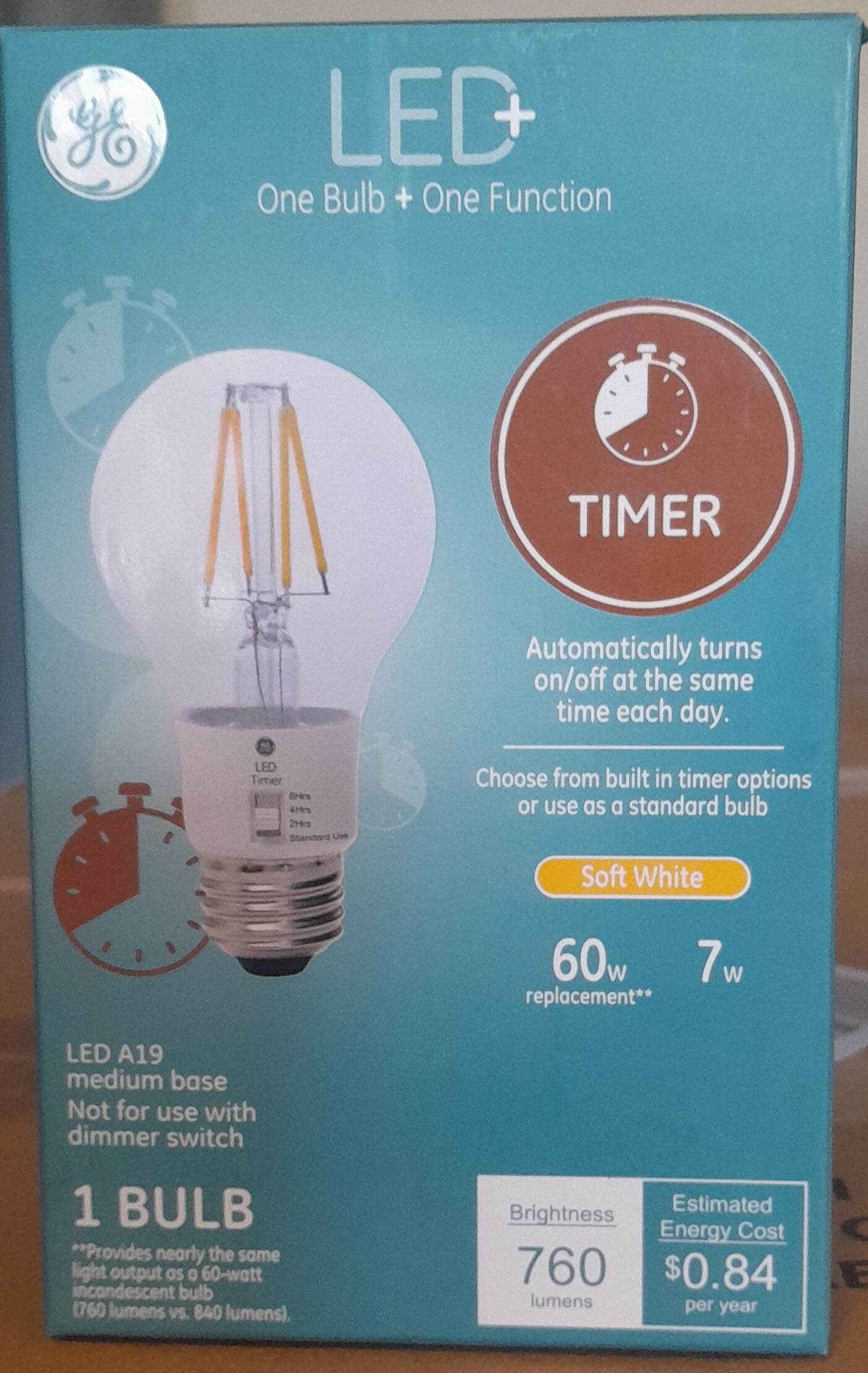GE LED A19 Soft White Timer One Bulb One Function 60/7Watt Light Bulb