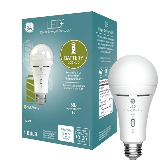 GE LED+ Backup Battery LED Light Bulb, 60 Watt, Soft White, A21 Bulb, Medium Base