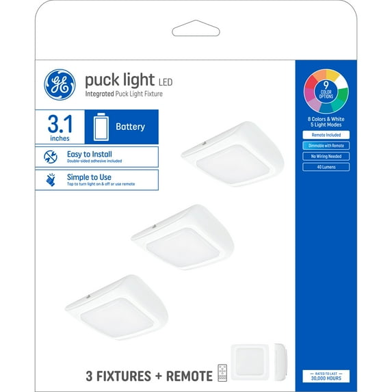 GE LED Color Changing Battery Powered Puck Light Fixtures (3.1"), 3pk with Remote Included