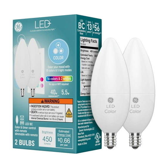 GE LED+ Color Changing Candle Light Bulb, 60 Watts, Decorative Light Bulb with Small Base, 2pk CA