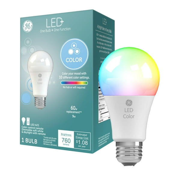 GE LED+ Color Changing LED Light Bulb, 9.5 Watt, A19 Bulb, Medium Base