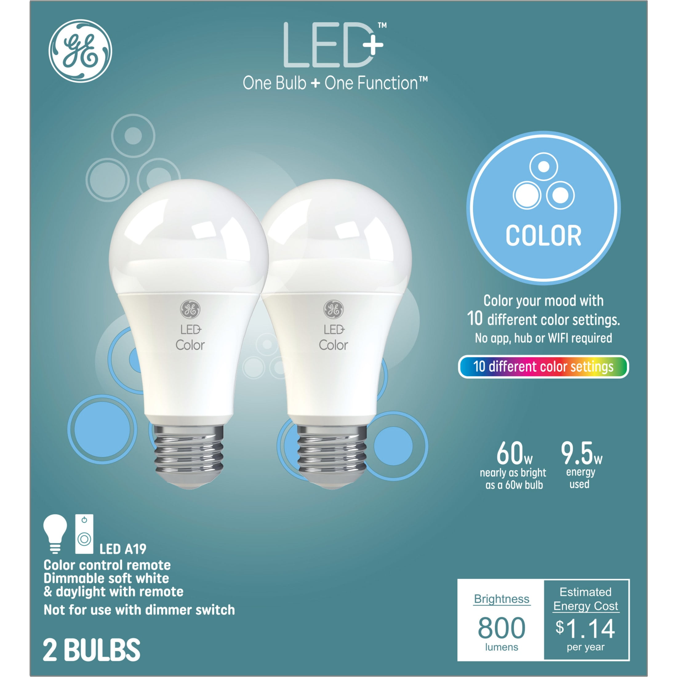 GE LED+ ColorChanging LED Light Bulbs, 60 Watt, A19 Bulbs, Medium Base
