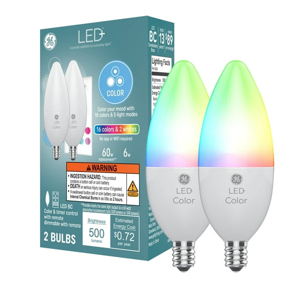 GE LED+ Color Changing LED Light Bulbs, 60 Watt, Decorative Bulbs, E12 Small Base, 2pk