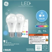 GE LED+ Color Changing Light Bulbs, 10 Color Settings with Remote Included, 60 Watt Replacement, Medium Base, Dimmable (2 Pack)