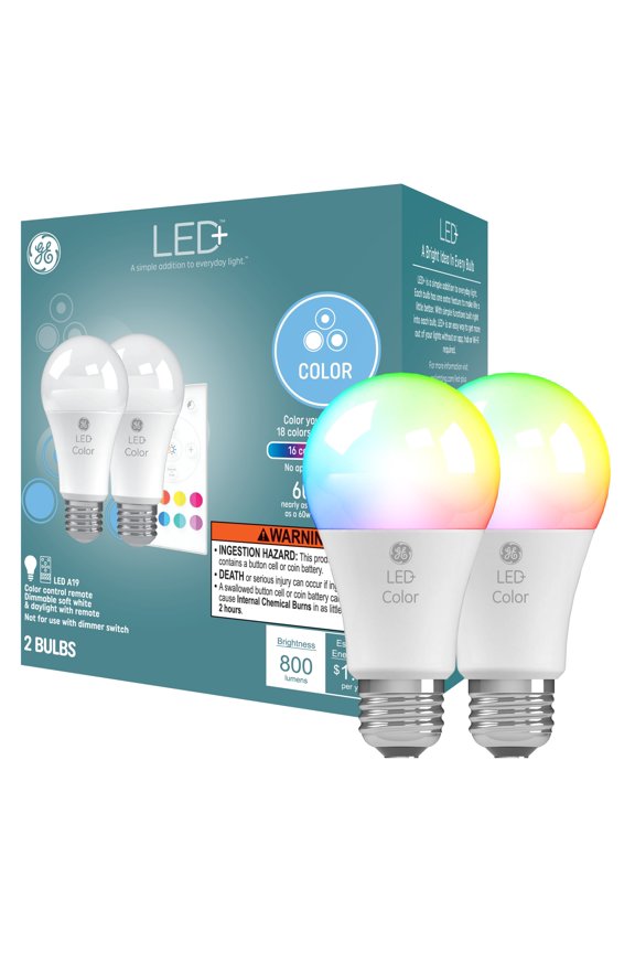 GE LED+ Color Lamp LED Light Bulbs,General Purpose, A19 Bulbs, 9.5 Watts (2 Pack)
