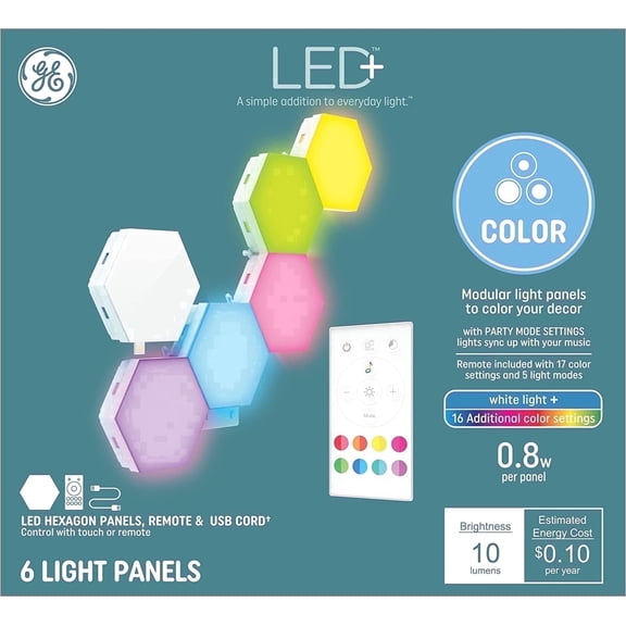 GE LED+ Color Changing Light Panels, Syncs with Music, Remote Included, 6pk