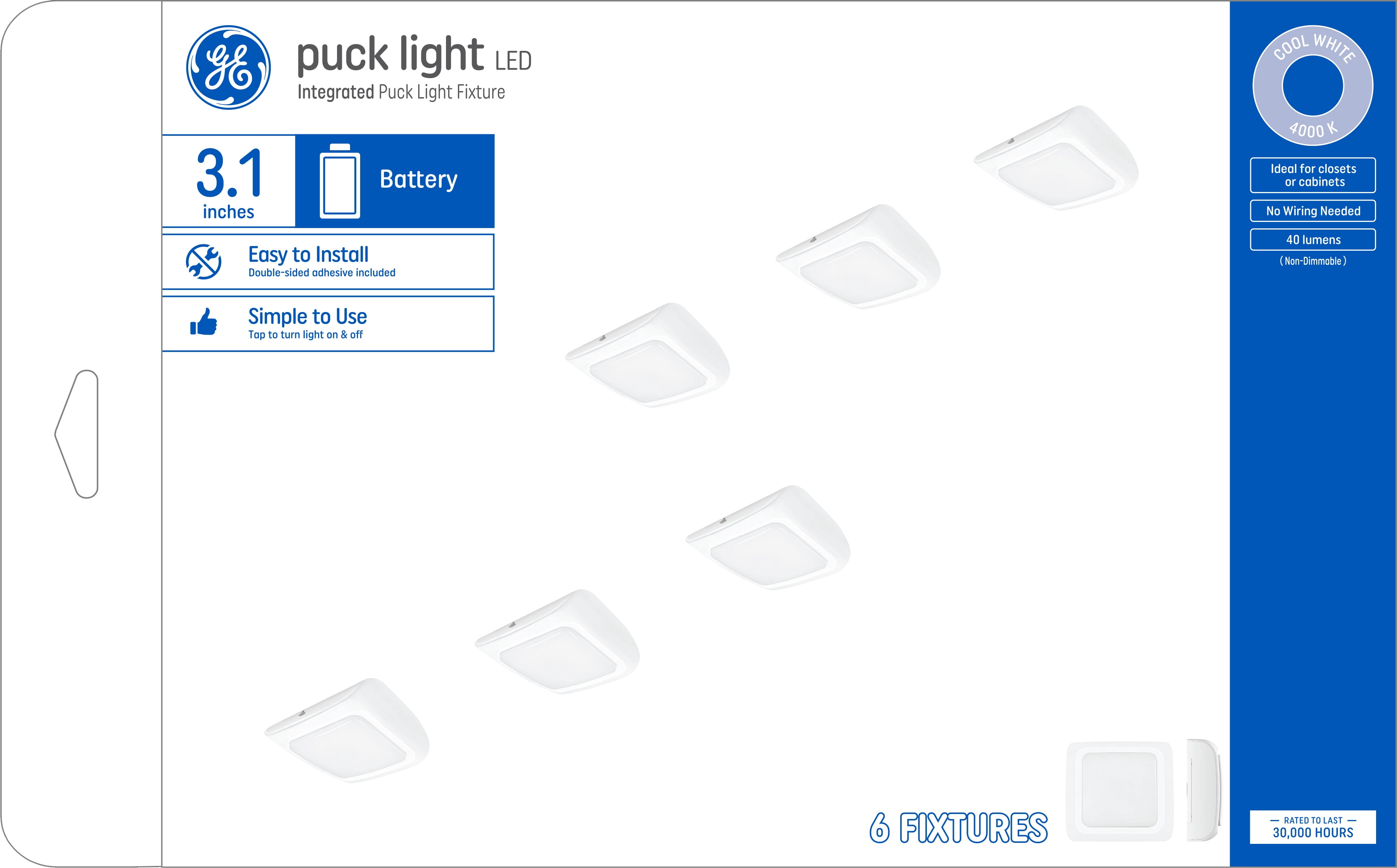 GE LED Cool White Battery Powered Puck Light Fixtures (3.1"), 6pk