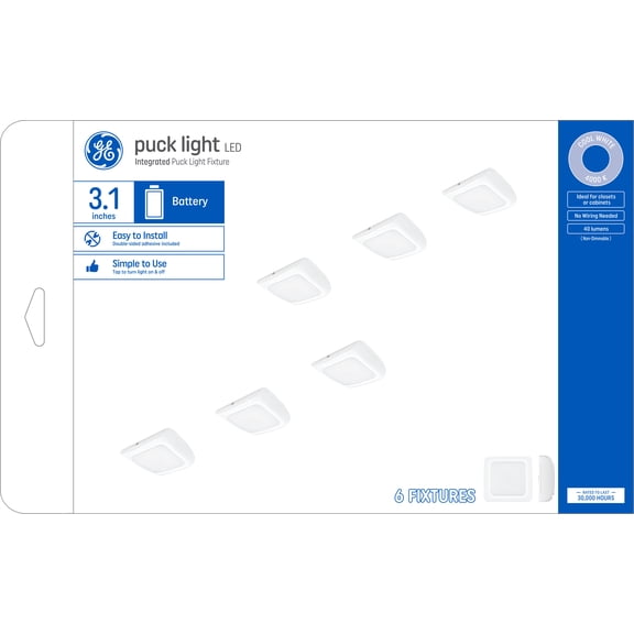 GE LED Cool White Battery Powered Puck Light Fixtures (3.1"), 6pk