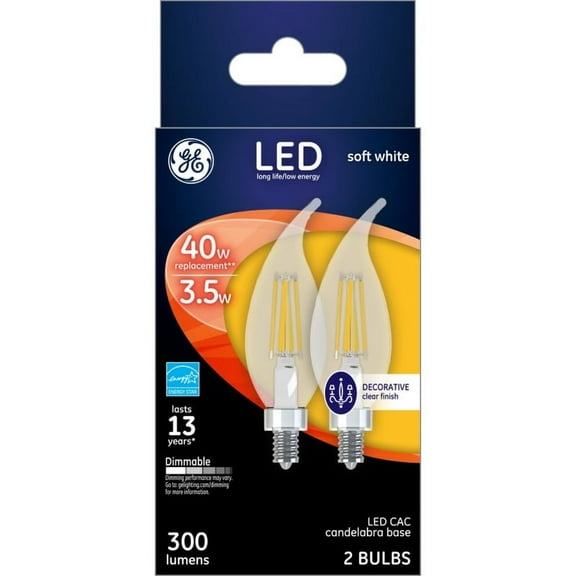 GE Lighting 3887353 3.5 watts CAC LED Bulb with 300 Lumens Soft White Decorative 40 watts Equivalence, 2 Per Pack - Case of 6
