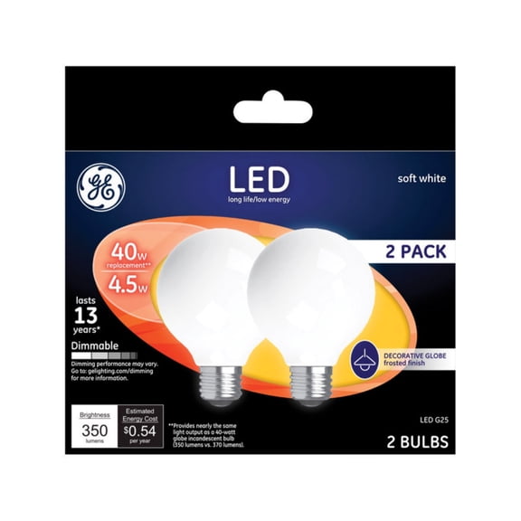 GE 24954 Medium-Base Frost G25 Globe Dimmable LED Bulb, Soft White, 4.5W, 2-Pk