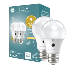 GE LED+ A19 Dusk to Dawn LED Light Bulbs, Security Lights, 60 Watt Replacement, Soft White (2 Pack)