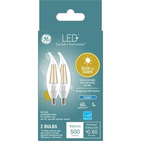 GE LED+ Dusk to Dawn Light Bulbs, Sunlight Sensing Outdoor Security LED Candle Style Bulbs, Decorative Bent Tip, Medium Base CAM Light Bulbs, 60W, Daylight (2-Pack)
