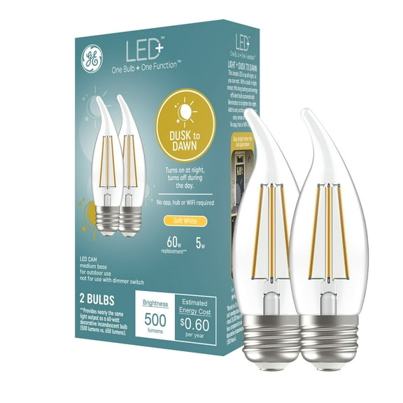GE LED+ Dusk to Dawn LED Light Bulbs, 60 Watt, Soft White, Candle Bulbs, Medium Base, 2pk