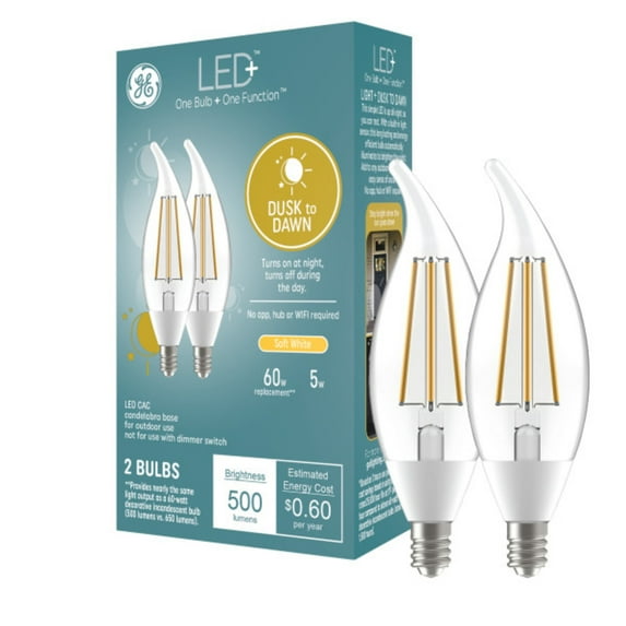 GE LED+ Dusk to Dawn LED Light Bulbs, 60 Watt, Soft White, Candle Bulbs, Small Base, 2pk
