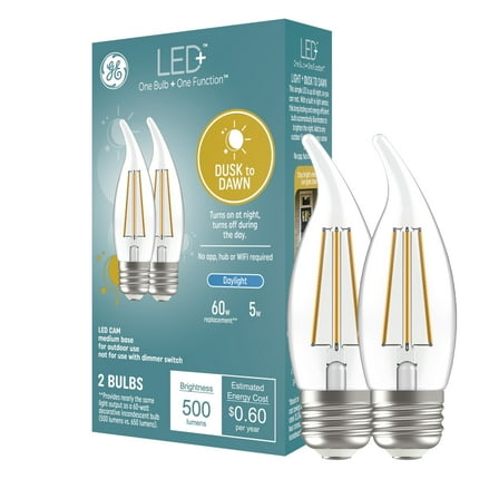(2 pack) GE LED+ Dusk to Dawn LED Light Bulbs, 60 Watts, Daylight, Candle Bulbs, Medium Base, 2pk