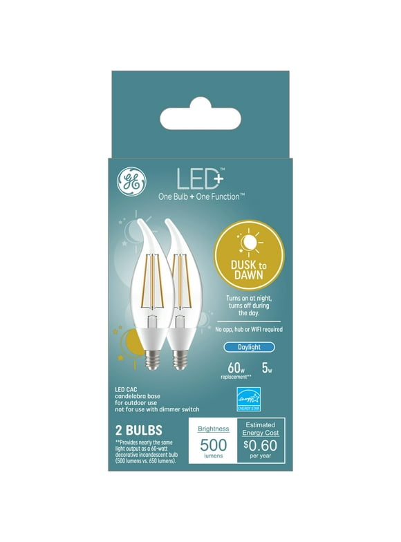 GE LED+ Dusk to Dawn LED Light Bulbs, 60 Watts, Daylight, Medium Base, 2pk