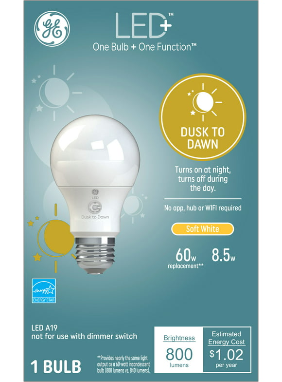 GE LED+ Dusk to Dawn LED Light Bulbs, 8.5 Watt, Soft White, A19 Bulb, Medium Base