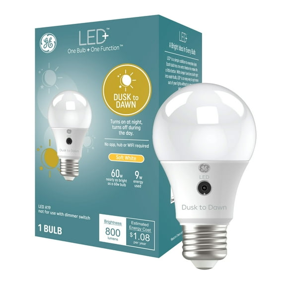 GE LED+ Dusk to Dawn LED Light Bulbs, 9 Watt, Soft White, A19 Bulbs, Medium Base