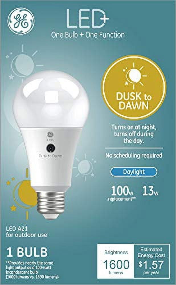 GE LED+ Dusk to Dawn Light Bulb, Outdoor Security Light, Daylight, 100 Watt Replacement, Medium Base, No Scheduling Required (1 Pack)