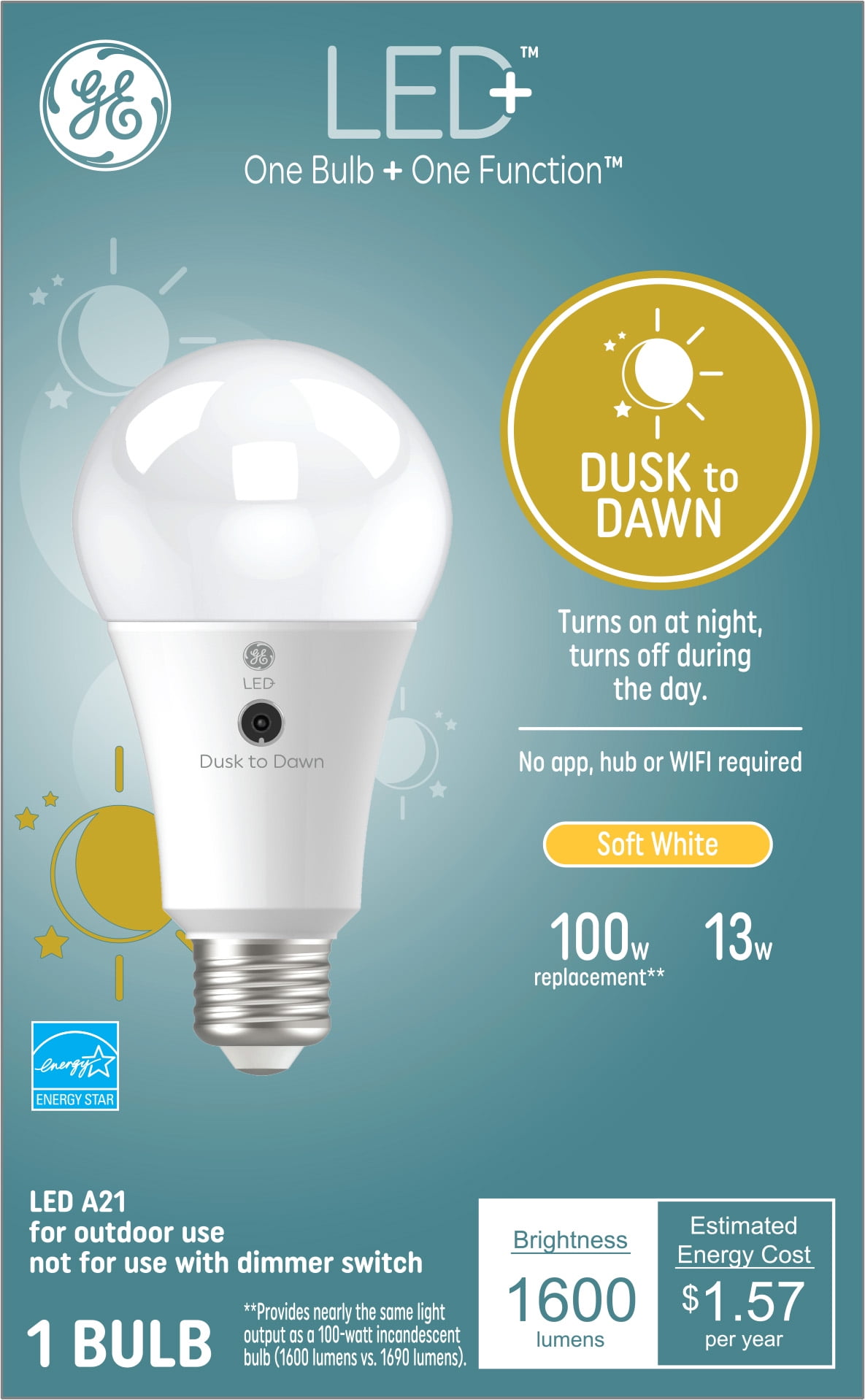 GE LED+ Dusk to Dawn Light Bulb, Outdoor Security Light, Soft White, 100 Watt Replacement, Medium Base, No Scheduling Required (1 Pack)