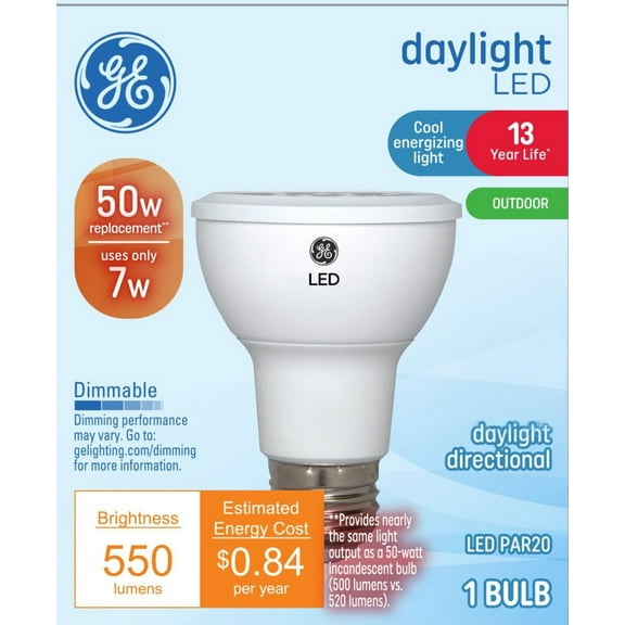 GE LED Floodlight Bulb, 50 Watt Eqv, Daylight, PAR20 Light Bulb, 13 Year