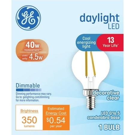 GE LED Light Bulb, 40 Watt, Daylight, G16.5 Globe Bulb, Small Base, 13yr